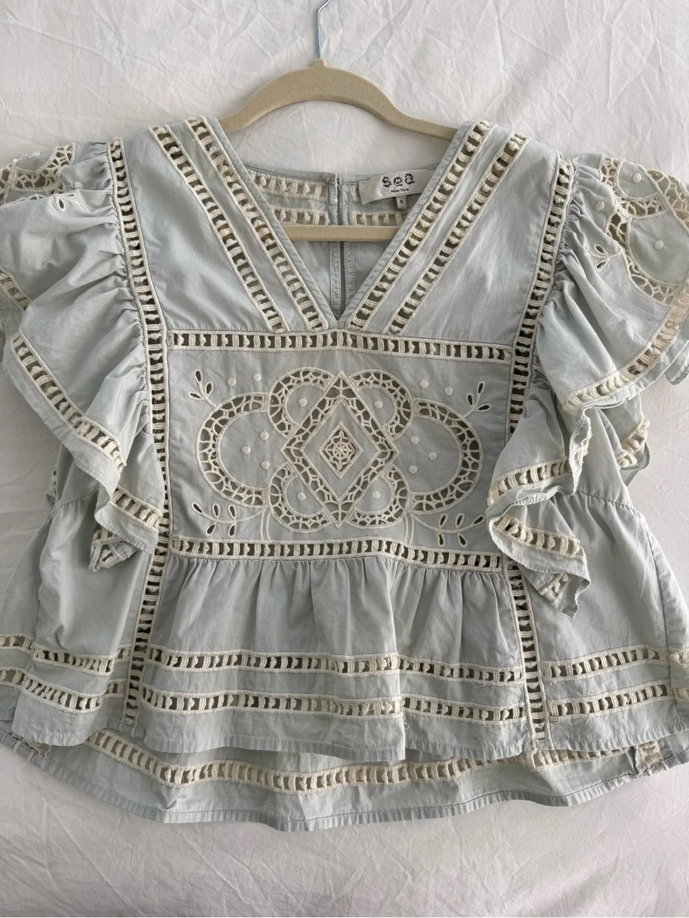 Sea New York Blaire Eyelet Embroidered Flutter Sleeve Top in Pale Blue - Picture 3 of 8